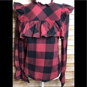 Ruffle Trim Buffalo Plaid Shirt Size Small